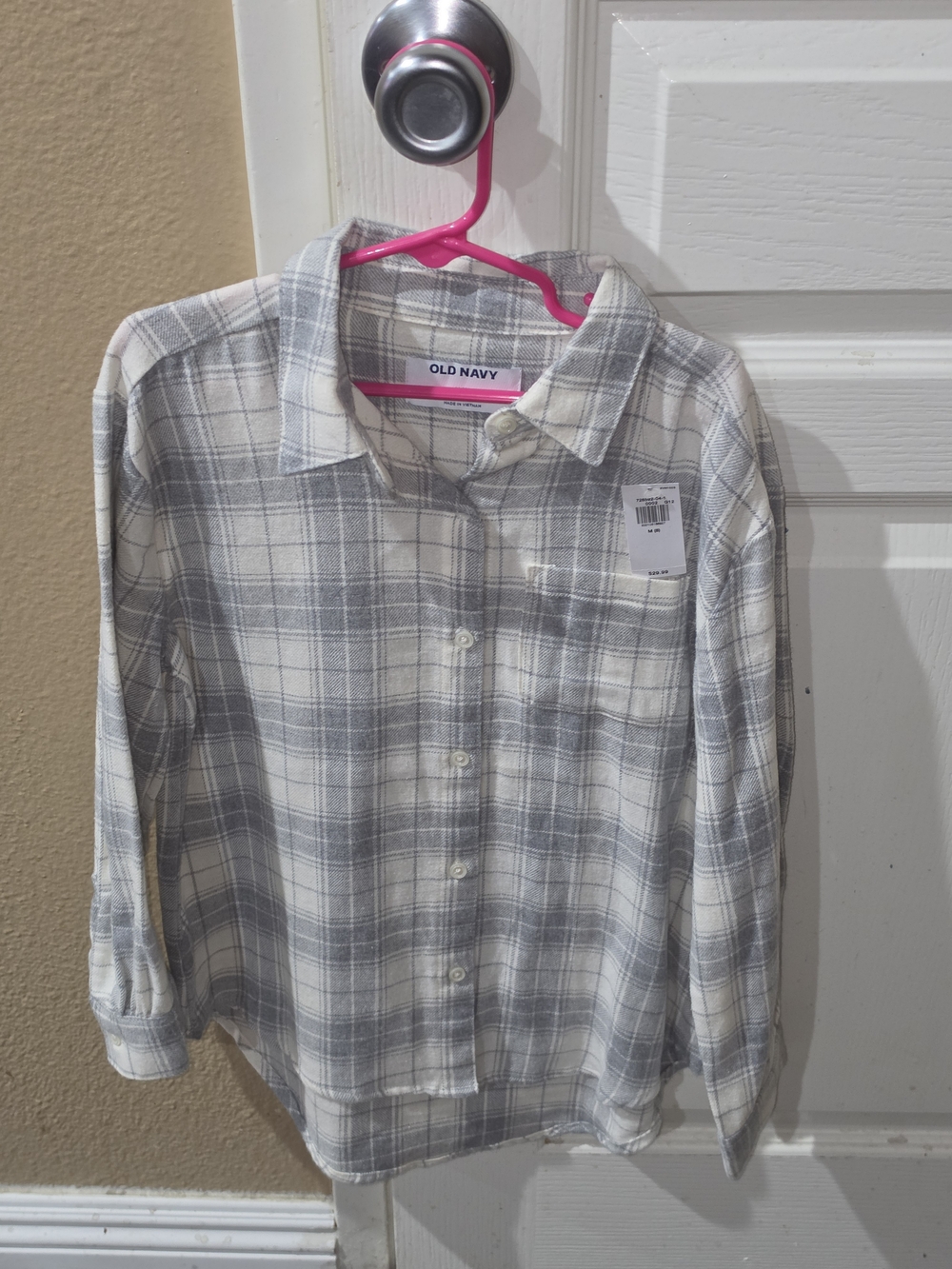 Girls Old Navy Gray and White Plaid Button-Down Shirt